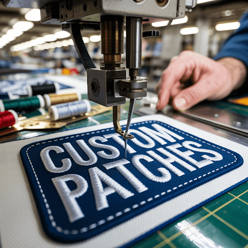 A close-up view of a custom patch being meticulously manufactured