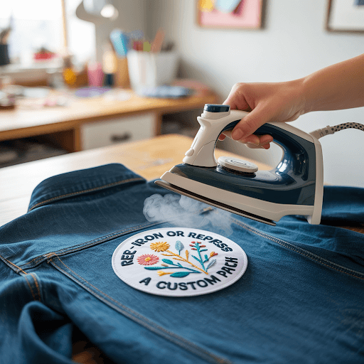 Re-Ironing or Re-Pressing a Custom Patch onto a dark blue denim jacket